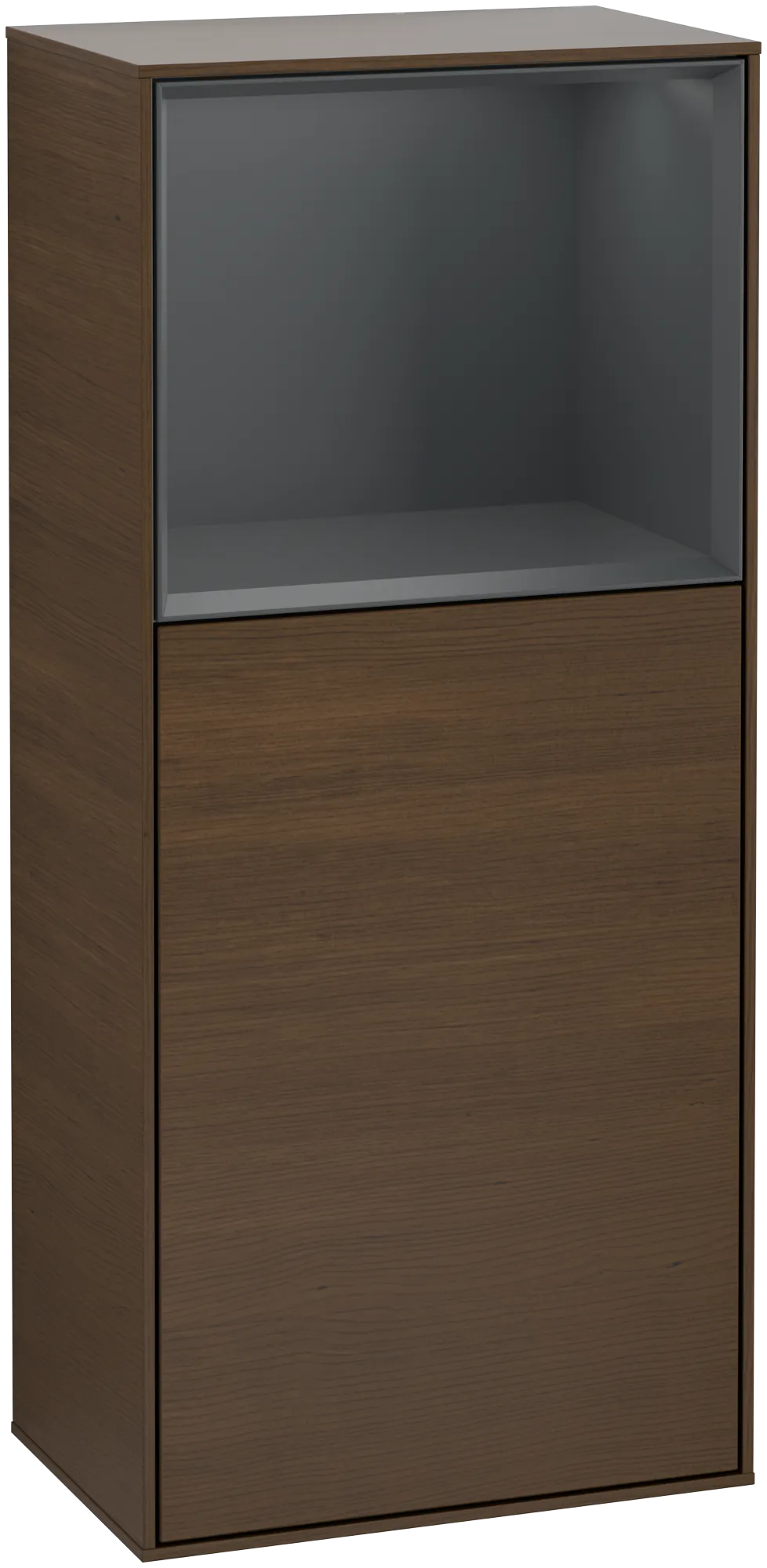 Villeroy & Boch Seitenschrank Finion F50, Walnut Veneer mit Midnight Blue Regal, 418x936x270 mm, mit Beleuchtung und Push-to-open Funktion