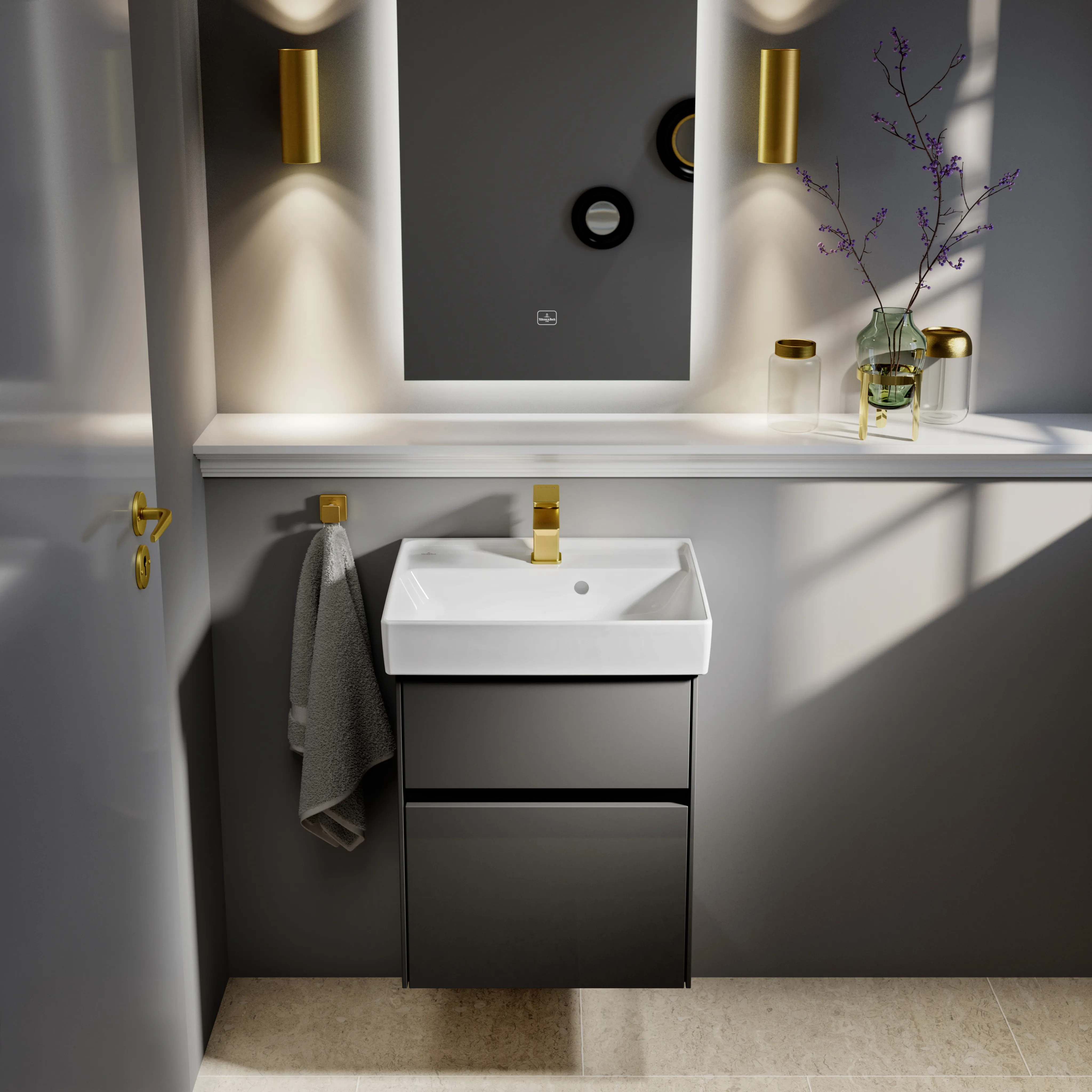 Villeroy & Boch Handwaschbecken aus TitanCeram „Collaro“ 500 × 400 × 150 mm, mit Hahnlochbohrung, Hahnlochposition mittig in Weiß Alpin