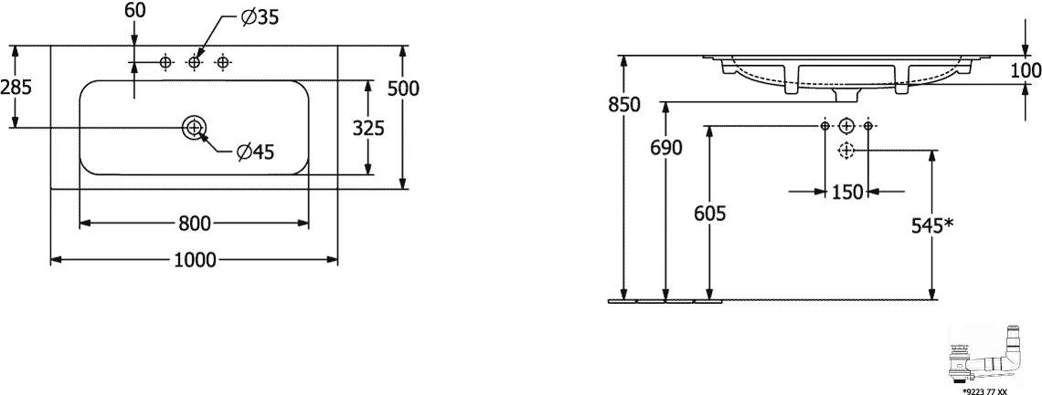 Villeroy & Boch Finion Schrankwaschtisch TitanCeram 1000x500mm Rechteck 1HL o. ÜL Weiß Alpin CeramicPlus