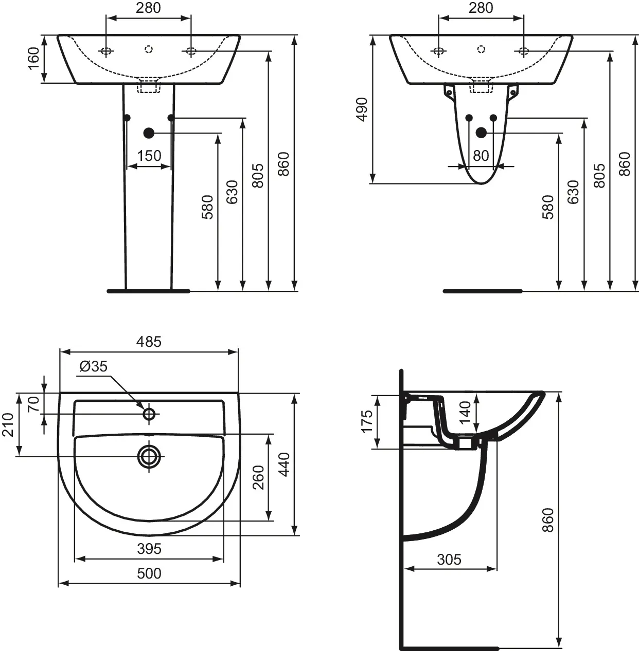 Waschbecken „Eurovit“ 50 × 44 × 17,5 cm, Hahnlochposition mittig Waschbecken „Eurovit“ 50 × 44 × 17,5 cm, Hahnlochposition mittig