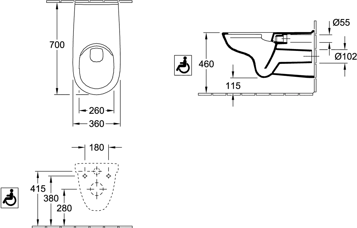 Wand-Tiefspül-WC ohne Befestigungslöcher DirectFlush „ViCare“ ohne Befestigungslöcher für WC-Sitz 36 × 34,4 × 70 cm ohne Spülrand