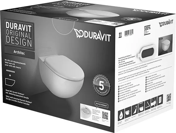 Duravit Wand-Tiefspül-WC inkl. WC-Sitz „Architec“ 40 × 60 × 40 cm, Befestigung sichtbar, ohne Spülrand