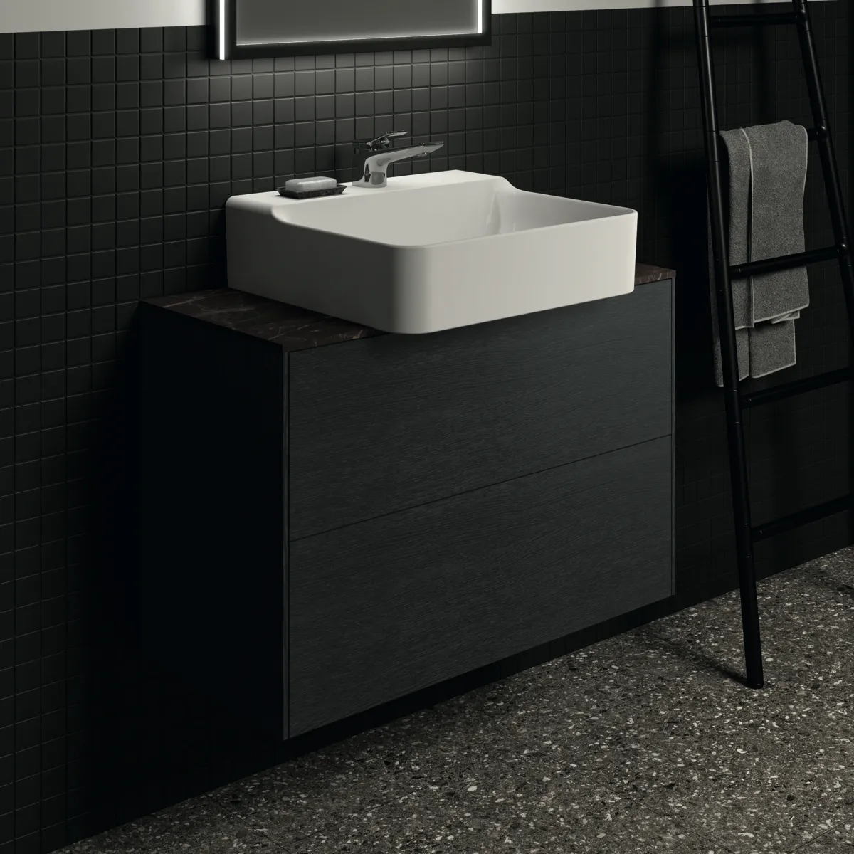 Waschtischplatte Conca, aus Keramik, 802x373x6mm, Marmor Noir Desir