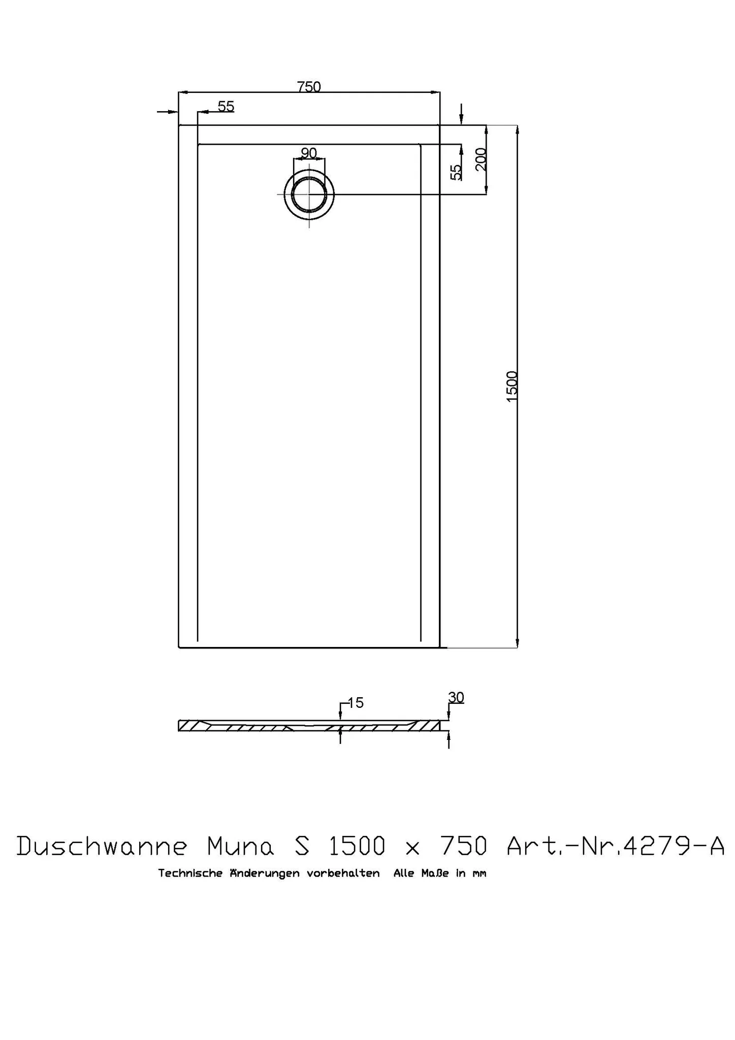 Duschwanne „Muna S“ Rechteck 150 × 75 cm in Schiefergrau Duschwanne „Muna S“ Rechteck 150 × 75 cm in Schiefergrau