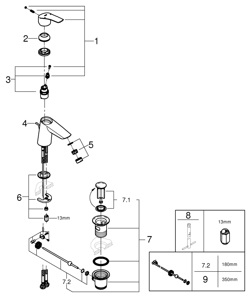 EH-Waschrischbatterie 23965, S-Size, geneigt Version, Zugstangen-Ablaufgarnitur, chrom
