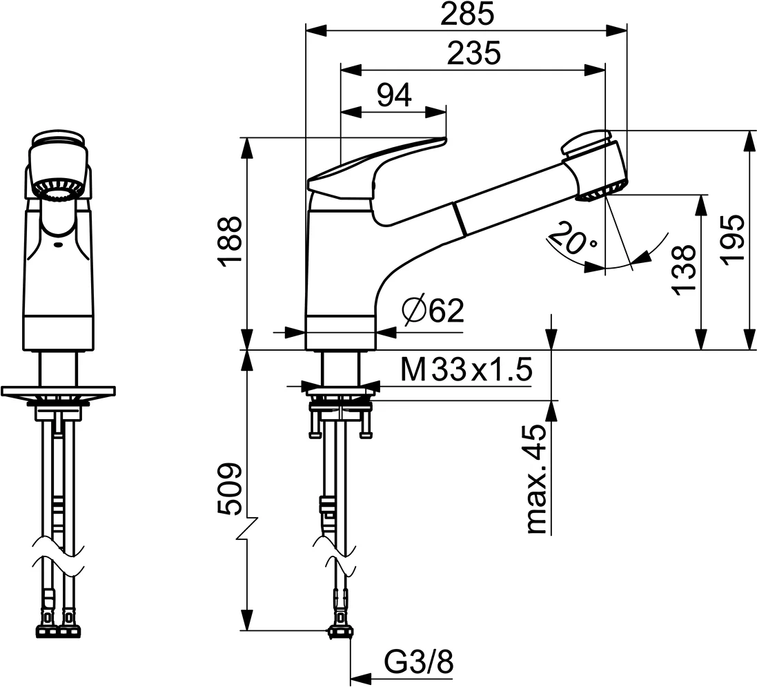 HansaMIX Einhebelmischer Küchenarmatur 0138 2-strahlig Ausladung 235 mm DN15 Chrom HansaMIX Einhebelmischer Küchenarmatur 0138 2-strahlig Ausladung 235 mm DN15 Chrom