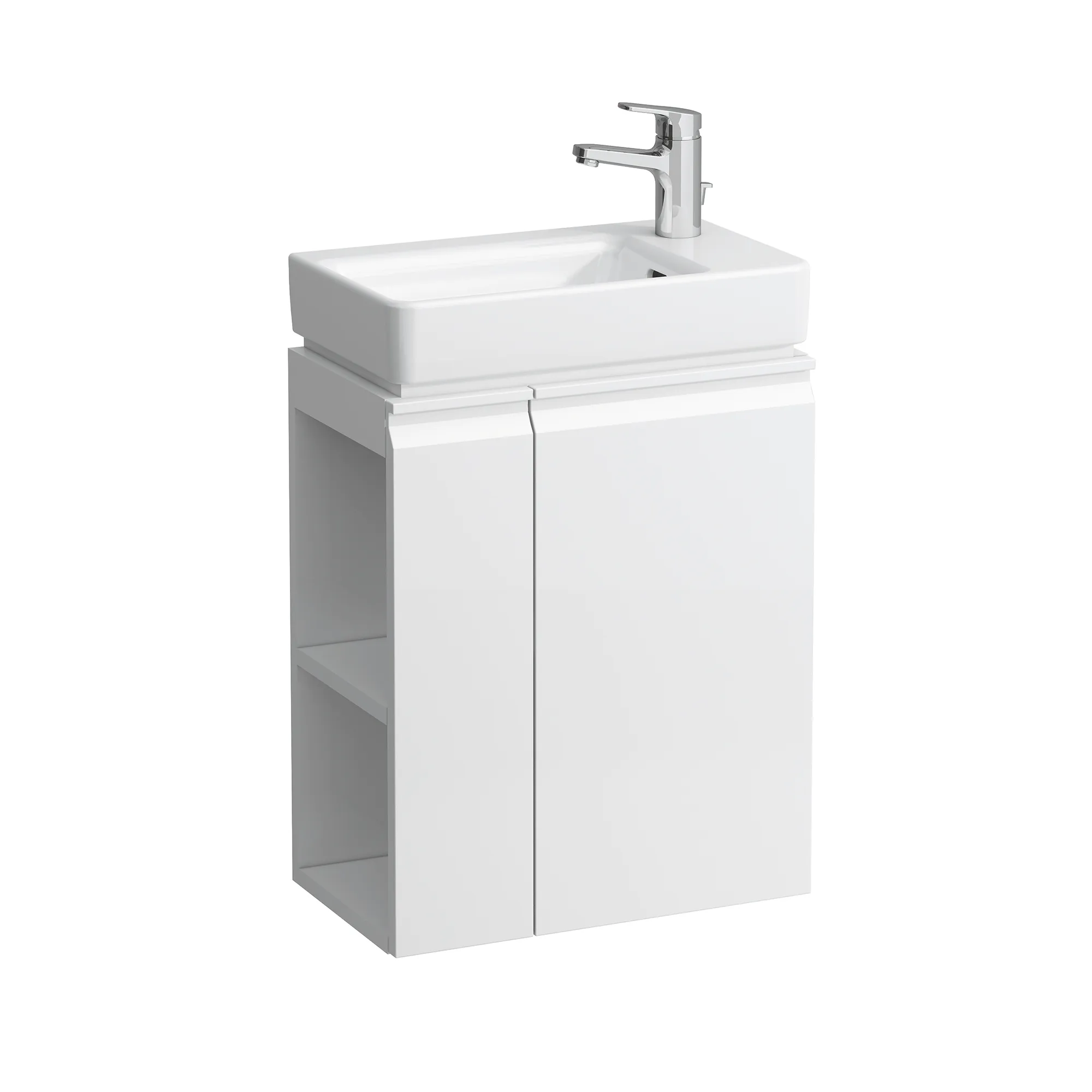Waschtischunterbau Pro S 480x275x580, Weiß matt, 1 Tür Artikel: WaschtischunterbauFarbe: Weiß mattMaterial: Korpus und Front MDF-Platten matt foliertAusführung:1 Regal links (seitlich offen)1 TürSoftClose1 Fachboden (einstellbar)Front mit integrierter Gr Waschtischunterbau Pro S 480x275x580, Weiß matt, 1 Tür Artikel: WaschtischunterbauFarbe: Weiß mattMaterial: Korpus und Front MDF-Platten matt foliertAusführung:1 Regal links (seitlich offen)1 TürSoftClose1 Fachboden (einstellbar)Front mit integrierter Gr
