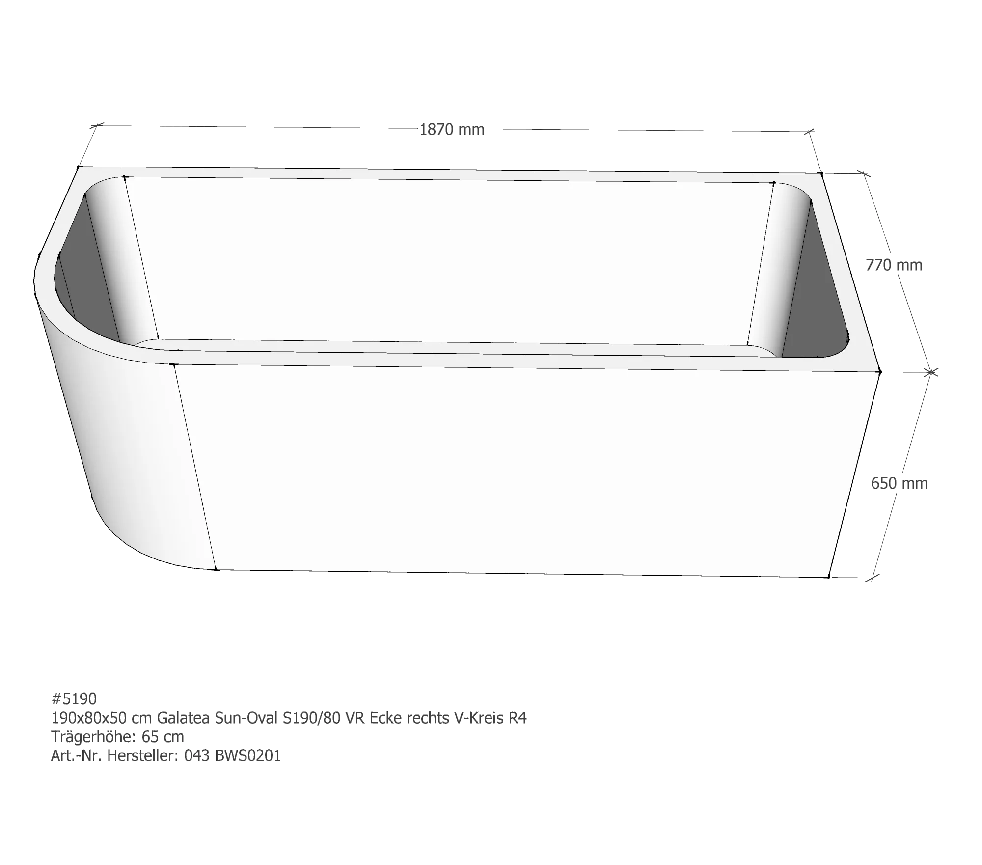 Badewannenträger passend für Galatea S 190/80 VR rechts 190 × 80 × 50 cm