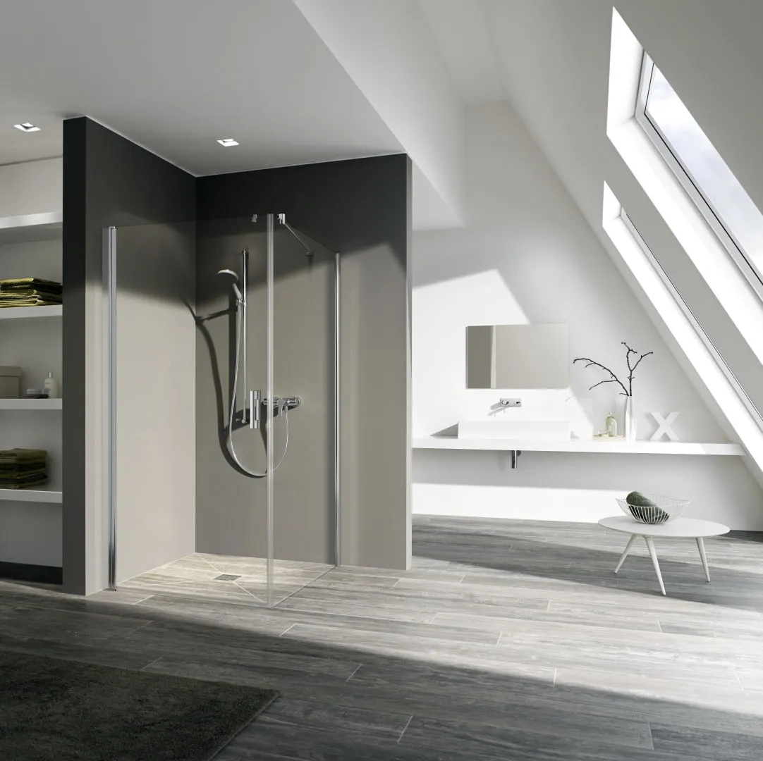 Kermi Duschtür Pendeltür 1-flügelig links für Ecke „PEGA“ Glas Klar, Profile Silber Hochglanz, BV: 715 - 740 mm GAK: 700 - 725 mm WE: 725 - 750 mm H: 1850 mm