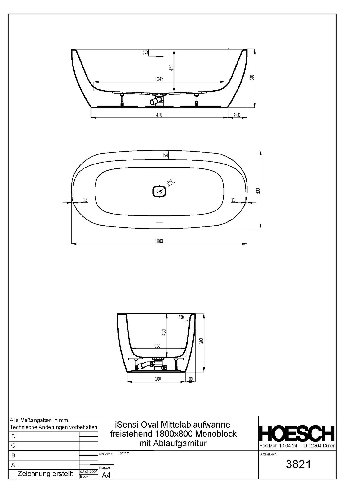 Hoesch iSensi Freistehende Badewanne, oval, 1800x800 mm, Monolith, BiColor Weiß-Grau, inkl. Untergestell und Überlaufschlitz