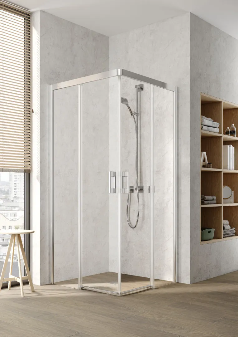 Kermi Duschtür Eckeinstieg 2-teilig (Gleittüren bodenfrei) Halbteil links „PEGA“ Glas Klar, Profile Silber Hochglanz, BV: 770 - 790 mm GAK: 755 - 775 mm WE: 780 - 800 mm H: 1850 mm