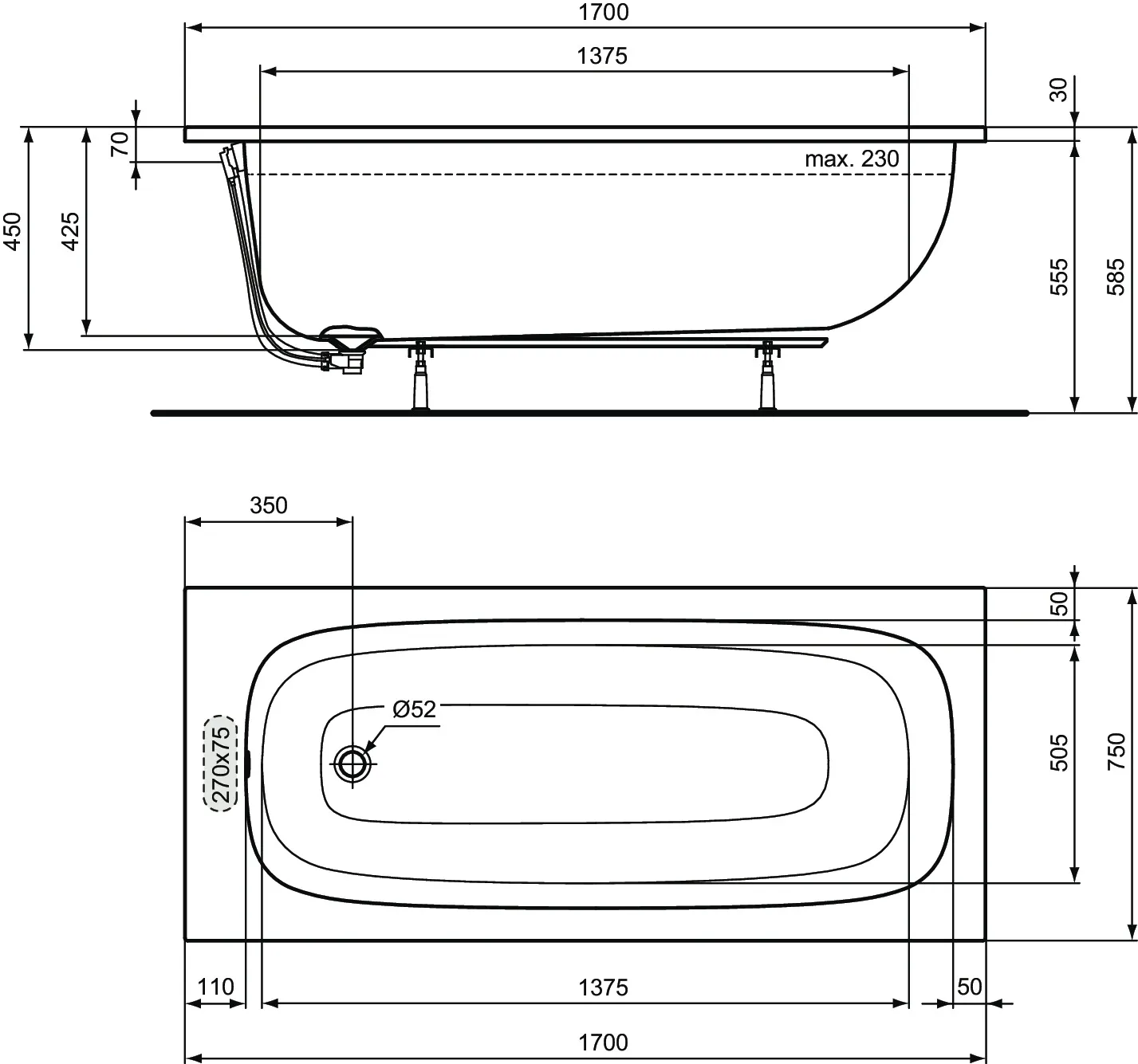 Ideal Standard Badewanne „i.life“ 75 × 170 cm