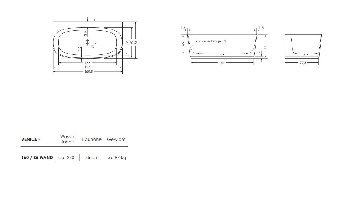 repaBAD Badewanne „Venice F“ 1600 × 850 mm, ,, ,