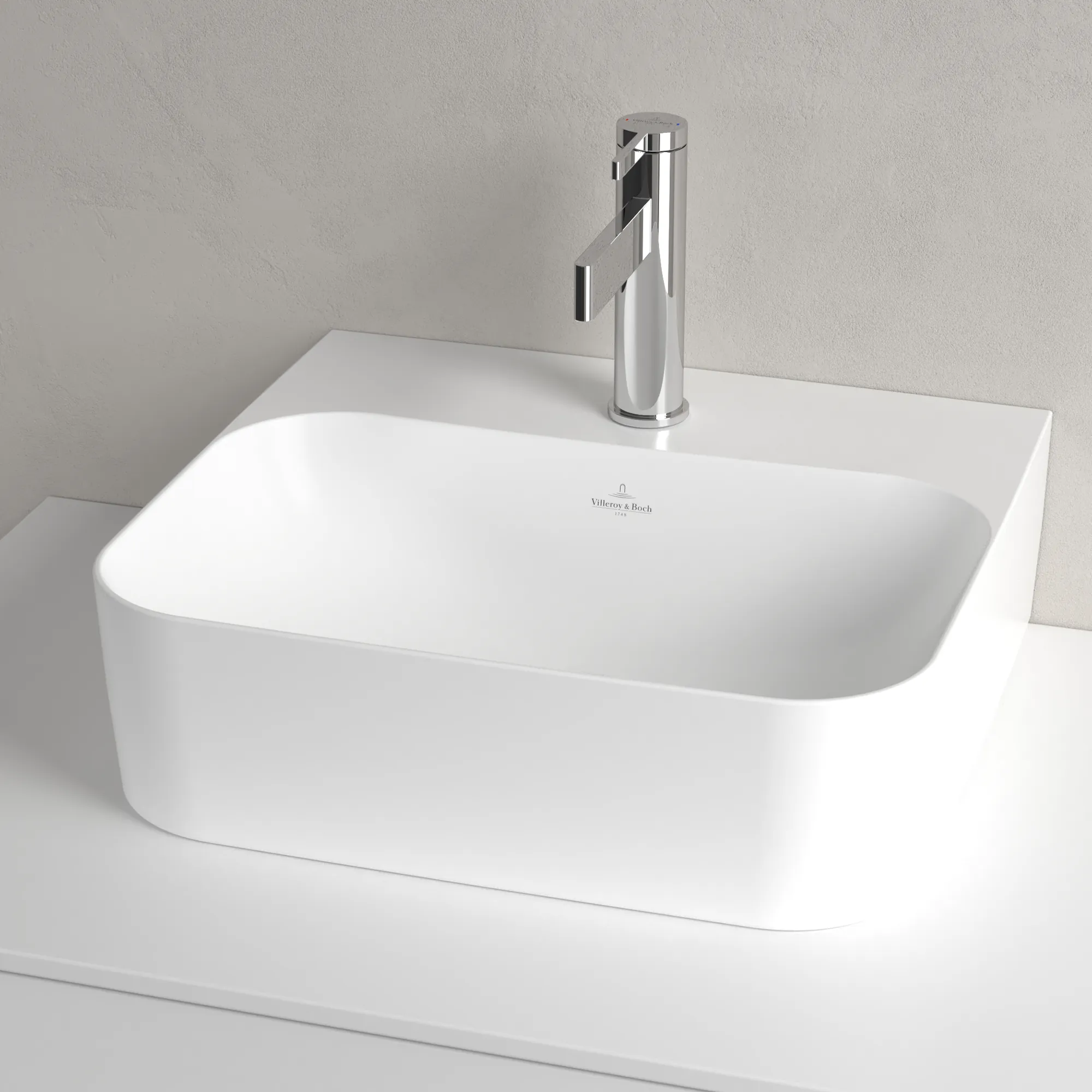 Villeroy & Boch Handwaschbecken aus TitanCeram geschliffen „Finion“ 430 × 390 × 140 mm, mit Hahnlochbohrung, Hahnlochposition mittig in Stone White, mit CeramicPlus Villeroy & Boch Handwaschbecken aus TitanCeram geschliffen „Finion“ 430 × 390 × 140 mm, mit Hahnlochbohrung, Hahnlochposition mittig in Stone White, mit CeramicPlus