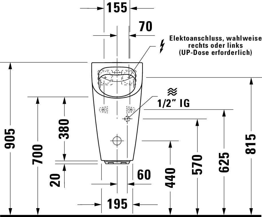Urinal ME by Starck, Zulauf von hinten rimless, für Batterie, ohne Fliege, weiß Urinal ME by Starck, Zulauf von hinten rimless, für Batterie, ohne Fliege, weiß
