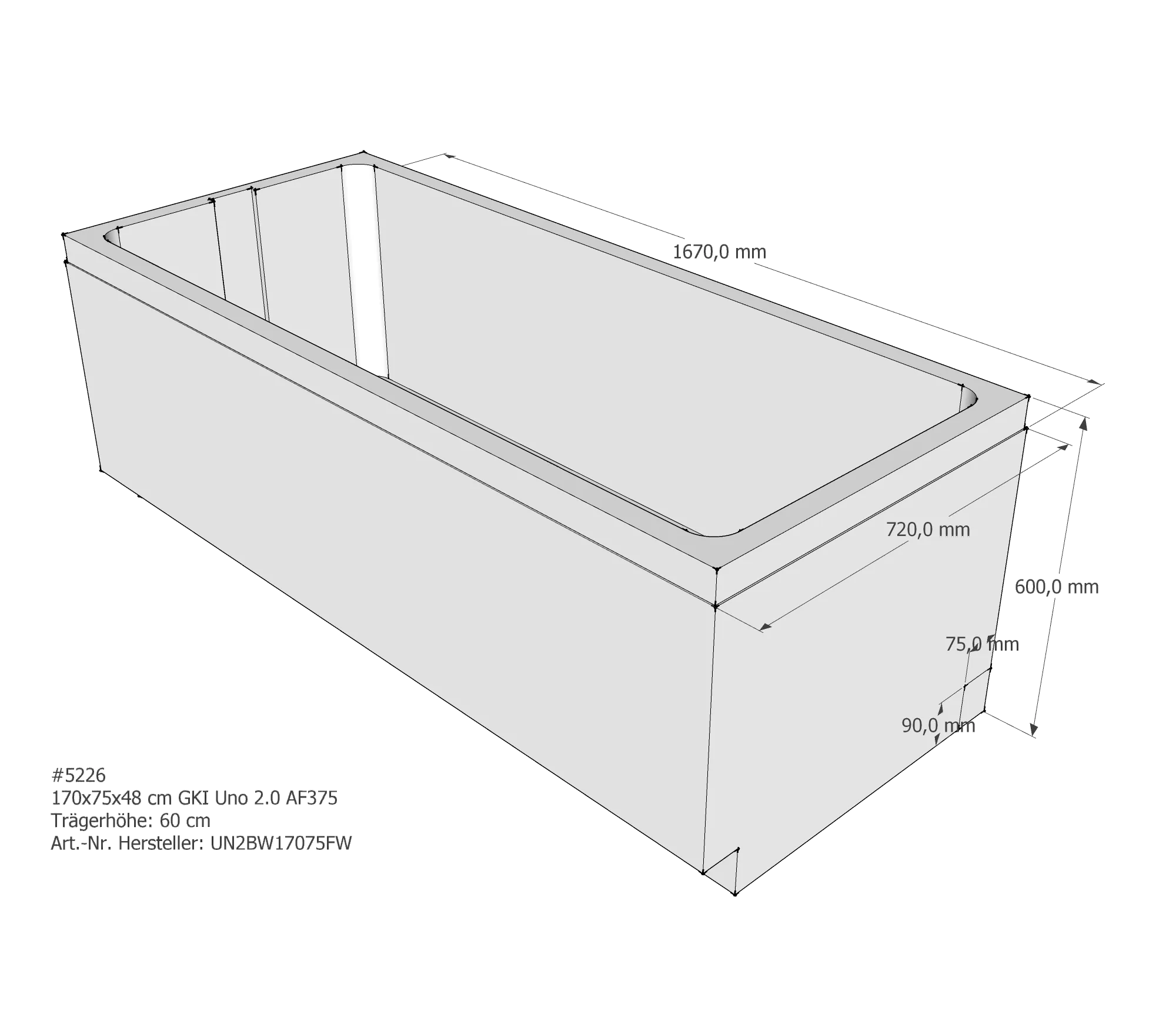 Duschwannenträger für GKI Uno 2.0 170 × 75 × 48 cm