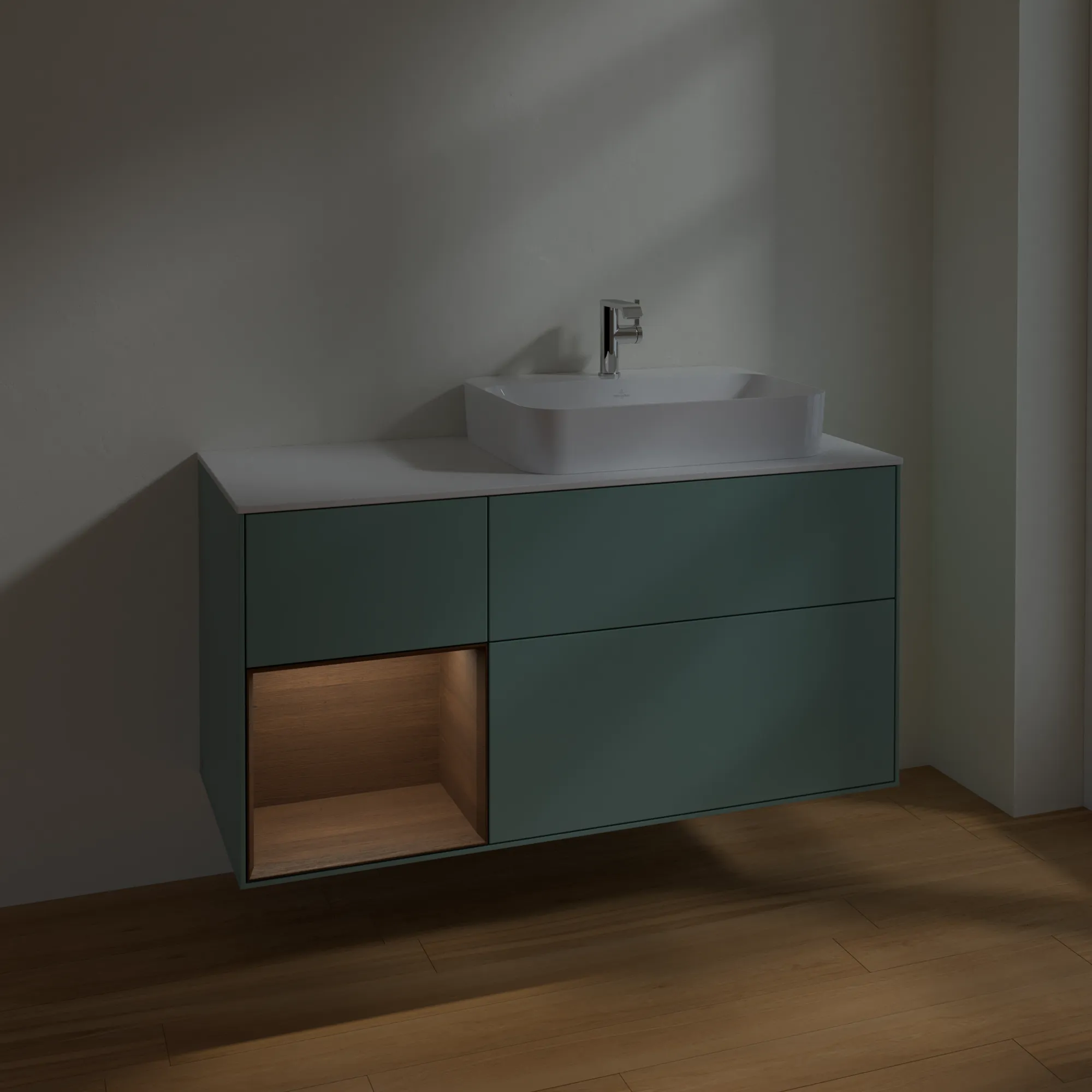 Villeroy & Boch Waschtischunterschrank „Finion“ für Schrankwaschtisch 1200 × 603 × 501 mm Olive Matt Lacquer, für Becken rechts Villeroy & Boch Waschtischunterschrank „Finion“ für Schrankwaschtisch 1200 × 603 × 501 mm Olive Matt Lacquer, für Becken rechts