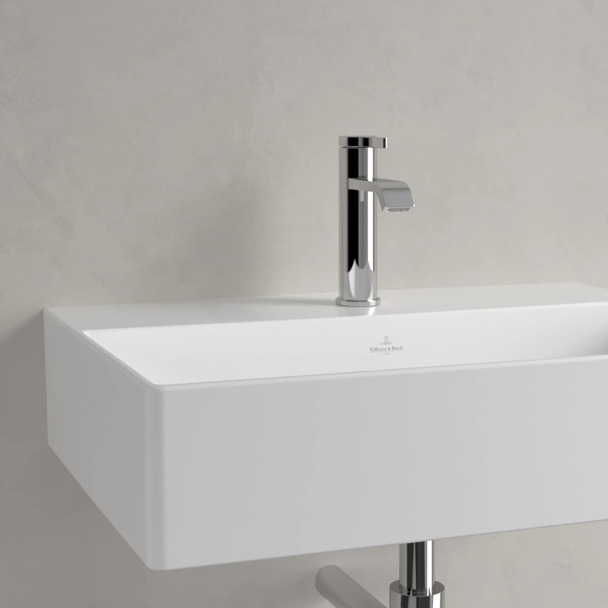 Villeroy & Boch Wandwaschtisch aus TitanCeram geschliffen „Memento 2.0“ 600 × 420 × 135 mm, mit Hahnlochbohrung, Hahnlochposition mittig in Stone White