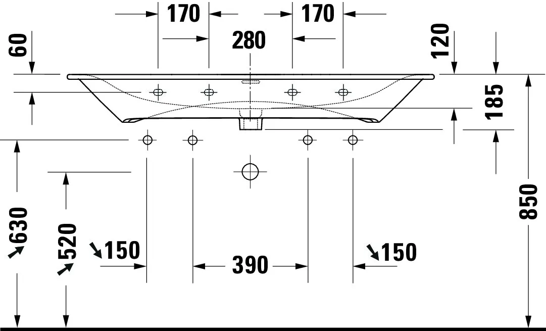 Möbelwaschtisch Viu 1230mm, Weiß mitÜL, mitHLB, 2 HL, 1 Becken