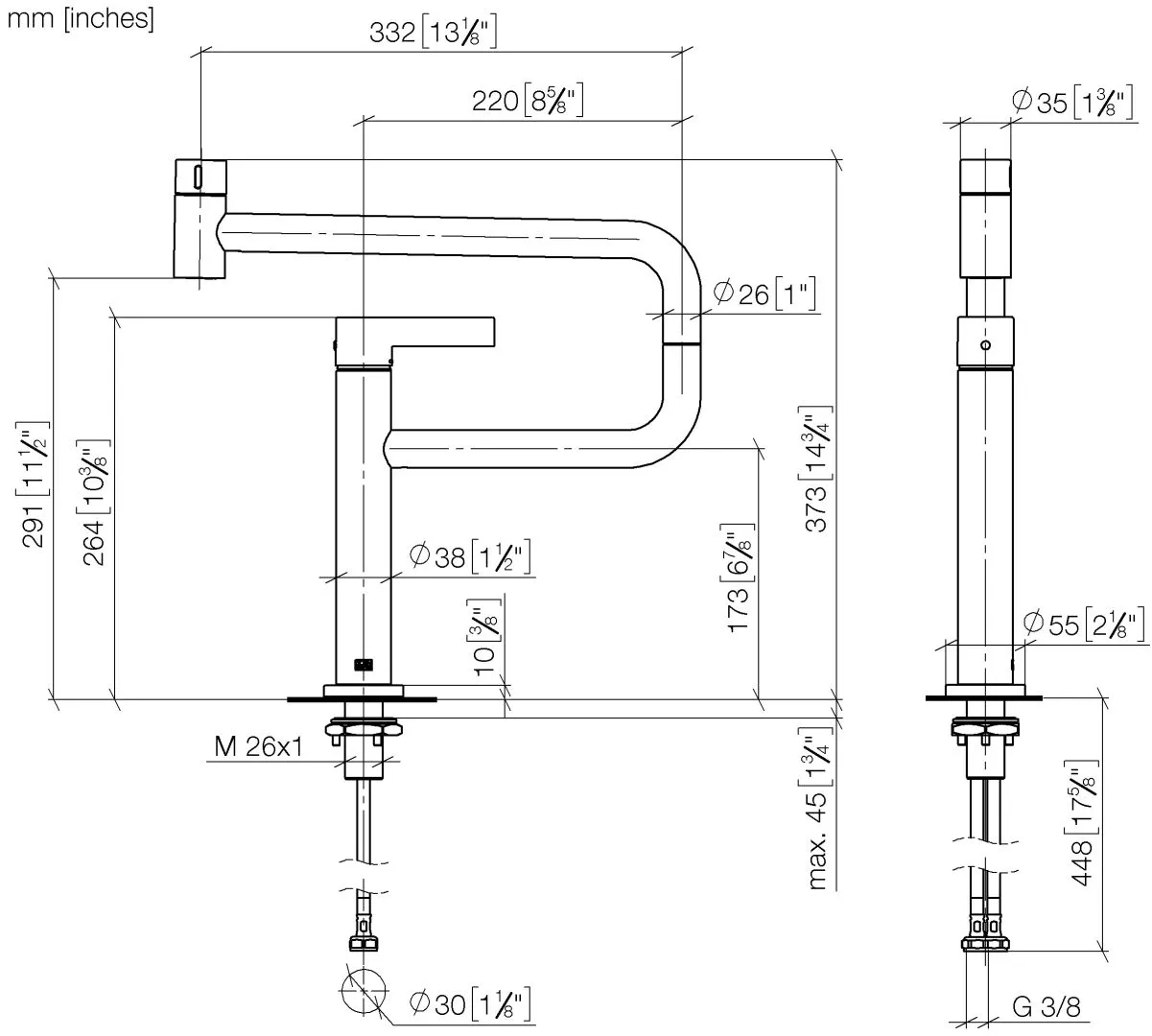 Dornbracht PIVOT Einhebelmischer TARA ULTRA, Ausladung 552 mm, schwenkbarer Auslauf 360°, in Dark Brass gebürstet (PVD)