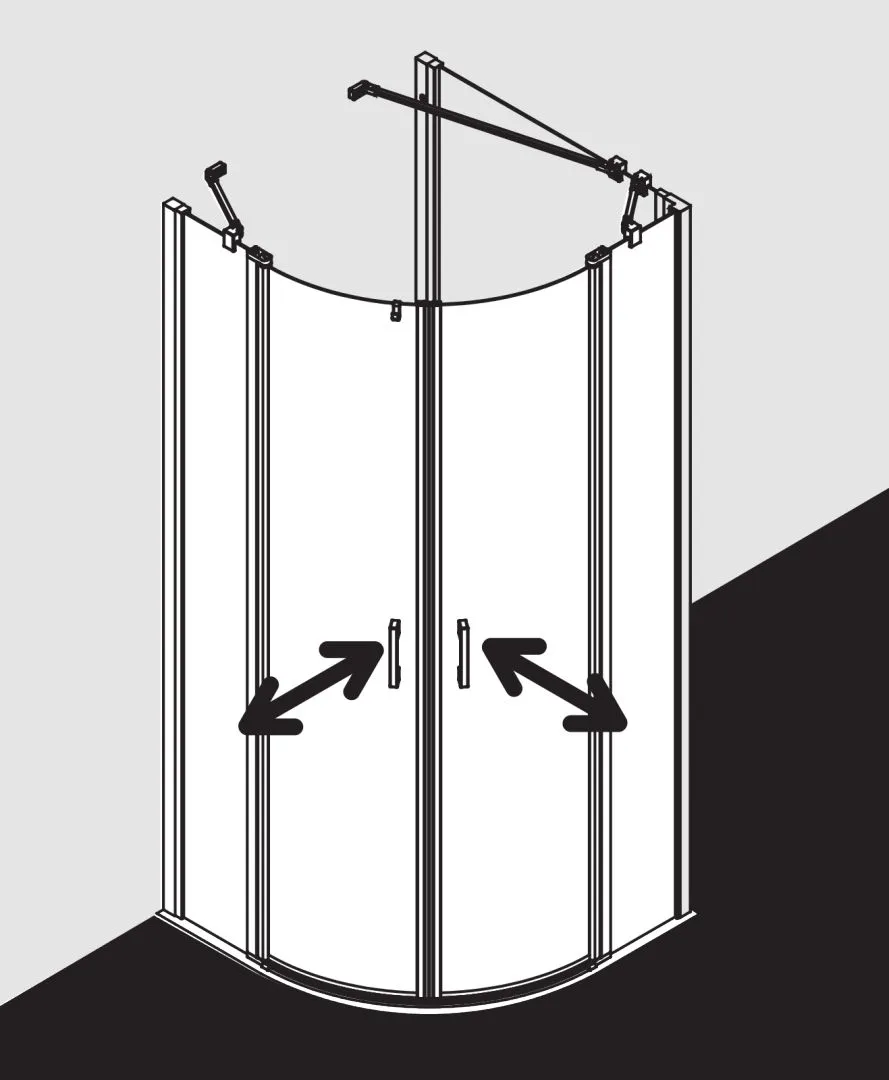 Kermi Duschtür Viertelkreis-Duschkabine Pendeltüren mit Festfeldern für Nische und Ecke „LIGA“ 185 cm Glas Klar, Profile Silber Hochglanz, Drehtür zweiteilig