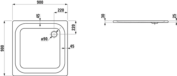 Laufen Duschwanne „PLATINA“ 900 × 900 mm ohne Oberflächenbeschichtung, in Weiß matt