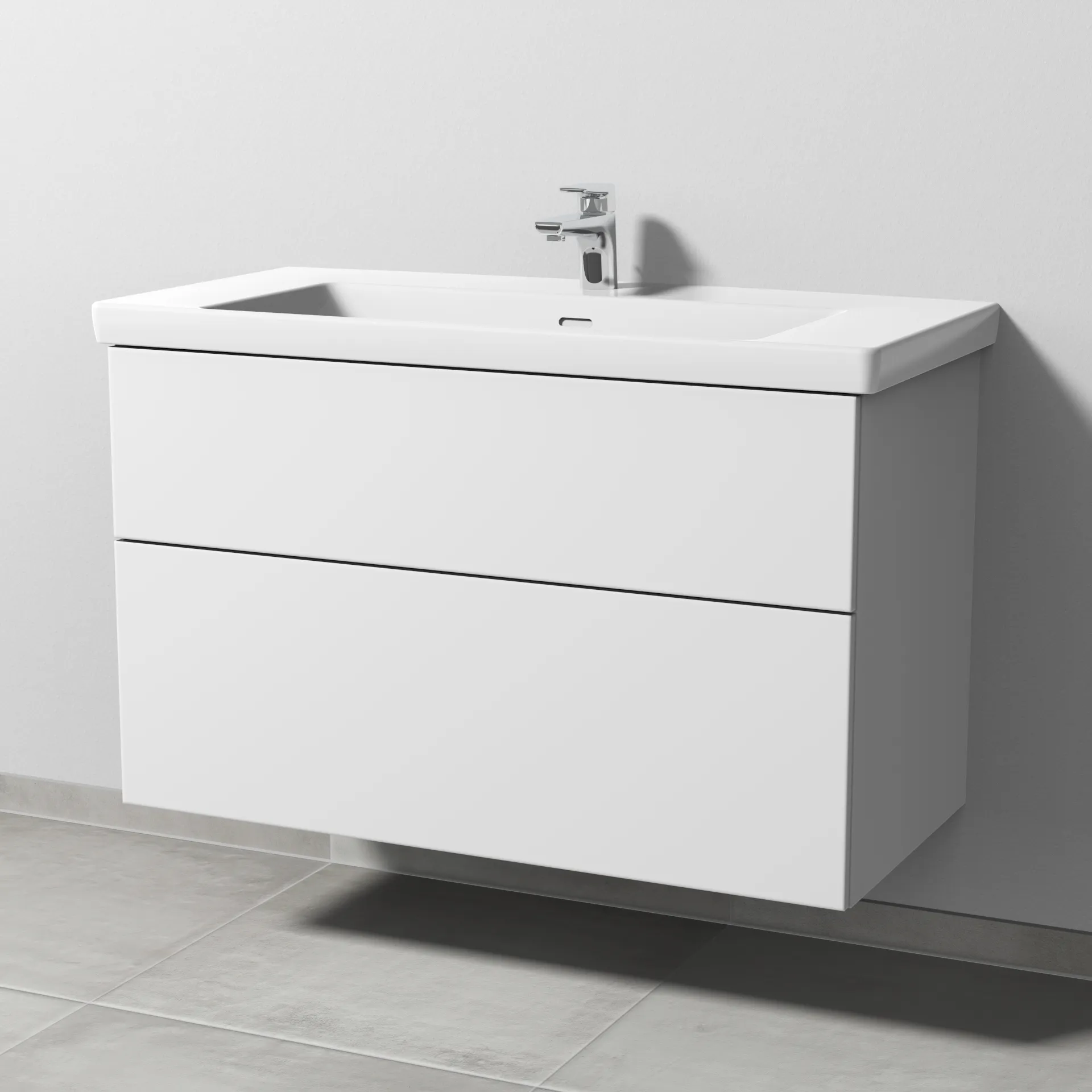 Sanipa Waschtischunterschrank „3way“ 955 × 588 × 462 mm in Weiß-Soft, Becken mittig, mit Hahnlochbohrung