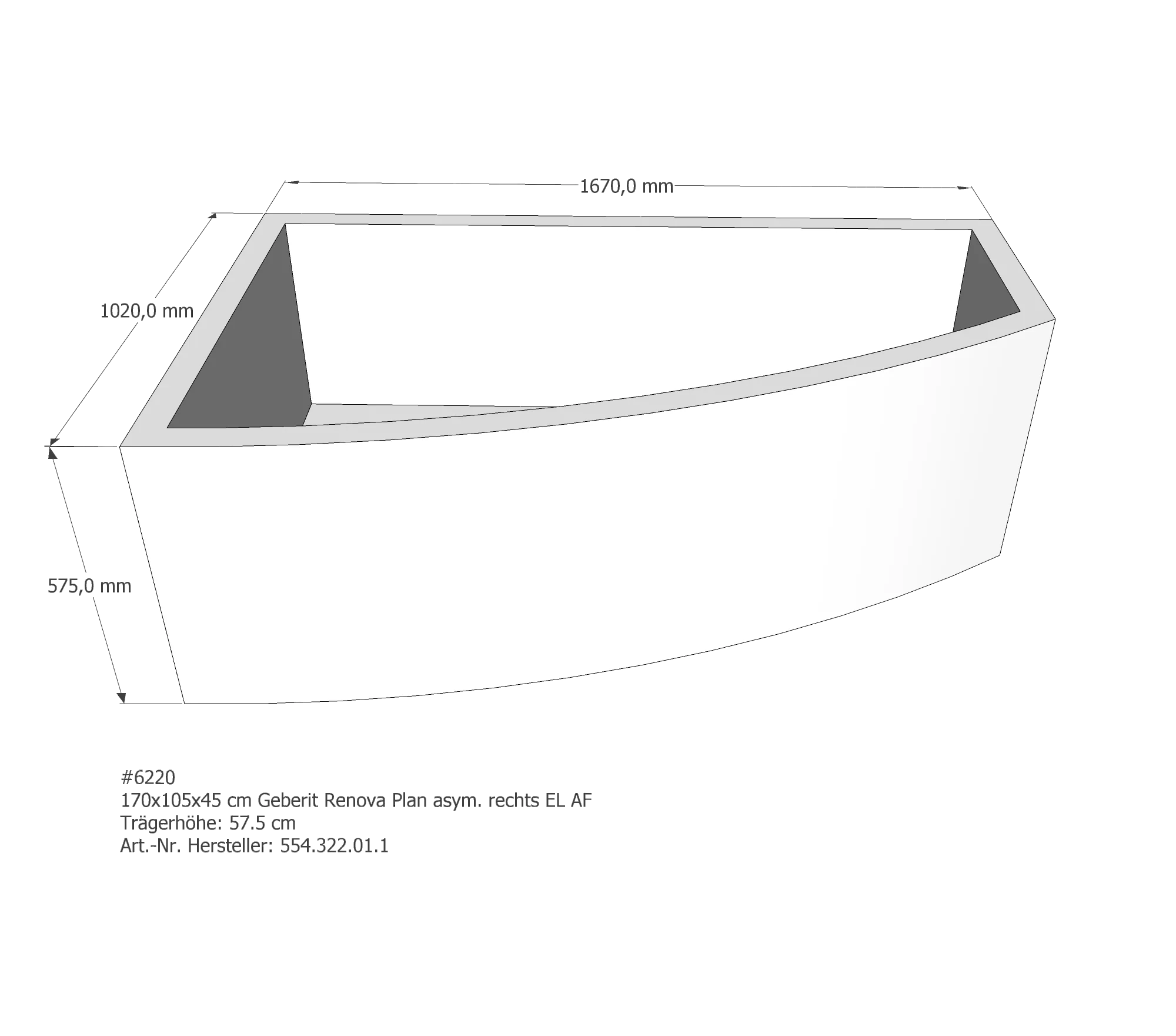 Badewannenträger für Geberit Renova Plan asym. rechts rechts 170 × 105 × 45 cm