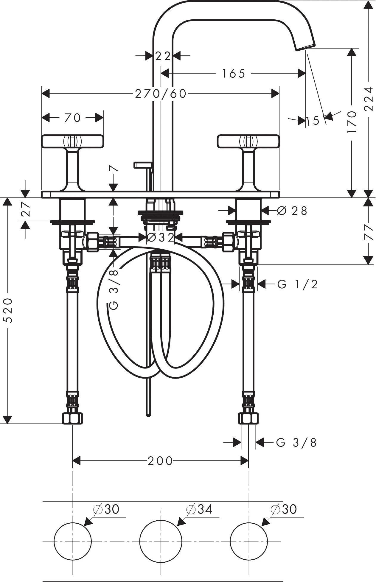 3-Loch Waschtischarmatur Axor Citterio E Standmodell chrom mit Platte