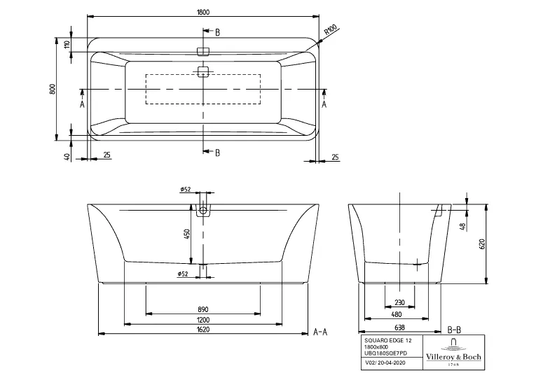 Villeroy & Boch Badewanne „Squaro Edge 12“ inkl. Schürze freistehend rechteck 180 × 80 cm, Mittelablauf in Stone White