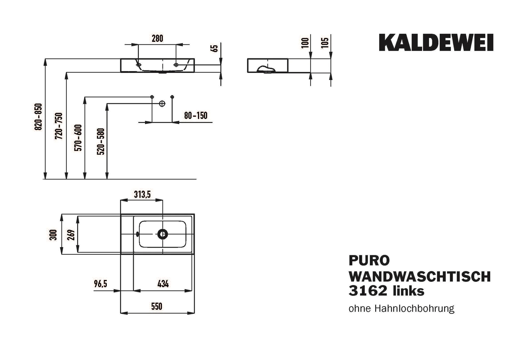 Kaldewei PURO Wand-Handwaschtisch, 550x300 mm, Alpinweiß, Linksausführung, Perl-Effekt, Antidröhn ohne Überlauf Kaldewei PURO Wand-Handwaschtisch, 550x300 mm, Alpinweiß, Linksausführung, Perl-Effekt, Antidröhn ohne Überlauf