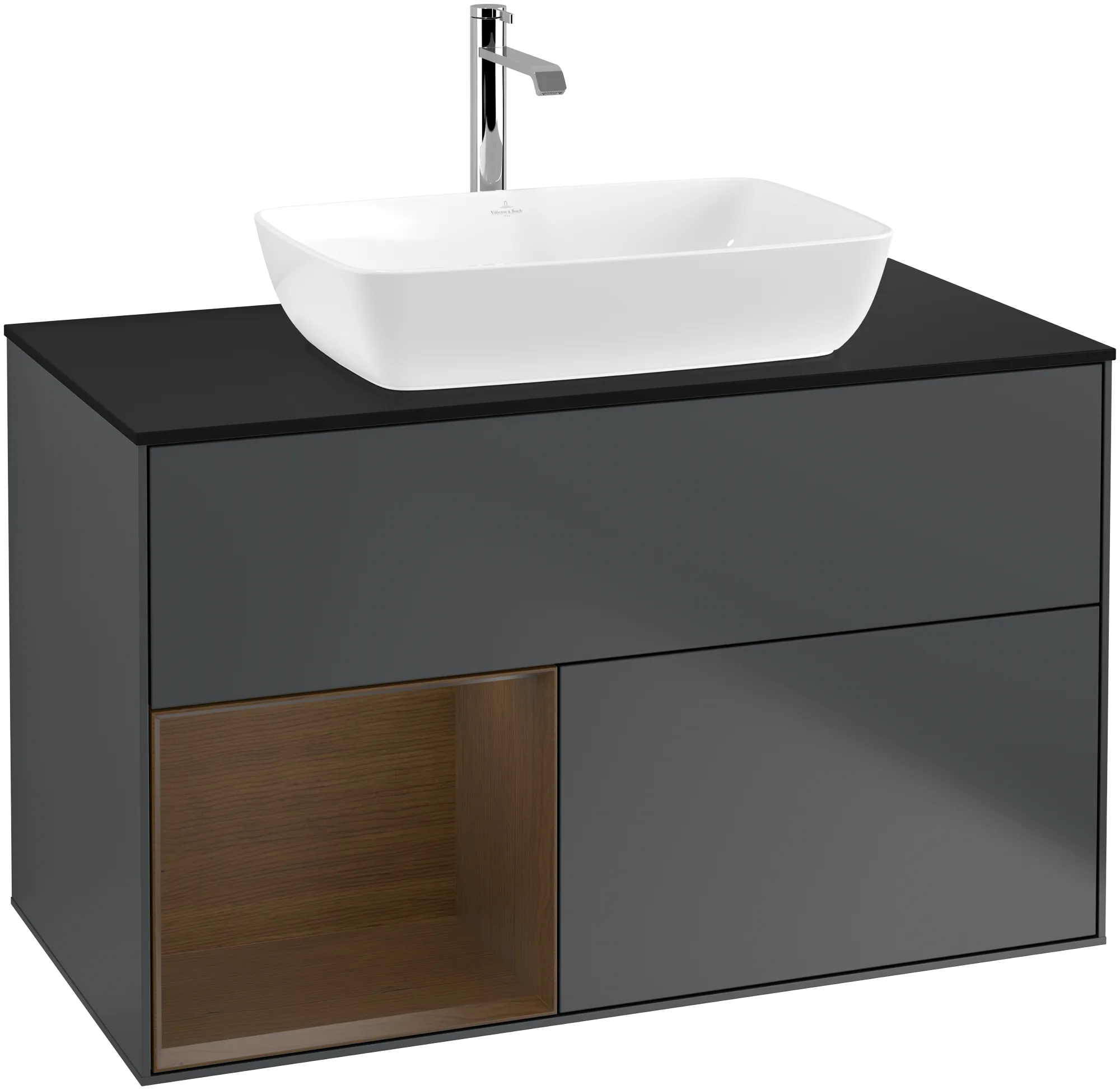 Villeroy & Boch Finion Waschbeckenunterschrank G77, 1000 x 603 x 501 mm, Midnight Blue Matt Lacquer / Walnut Veneer / Glass Black Matt