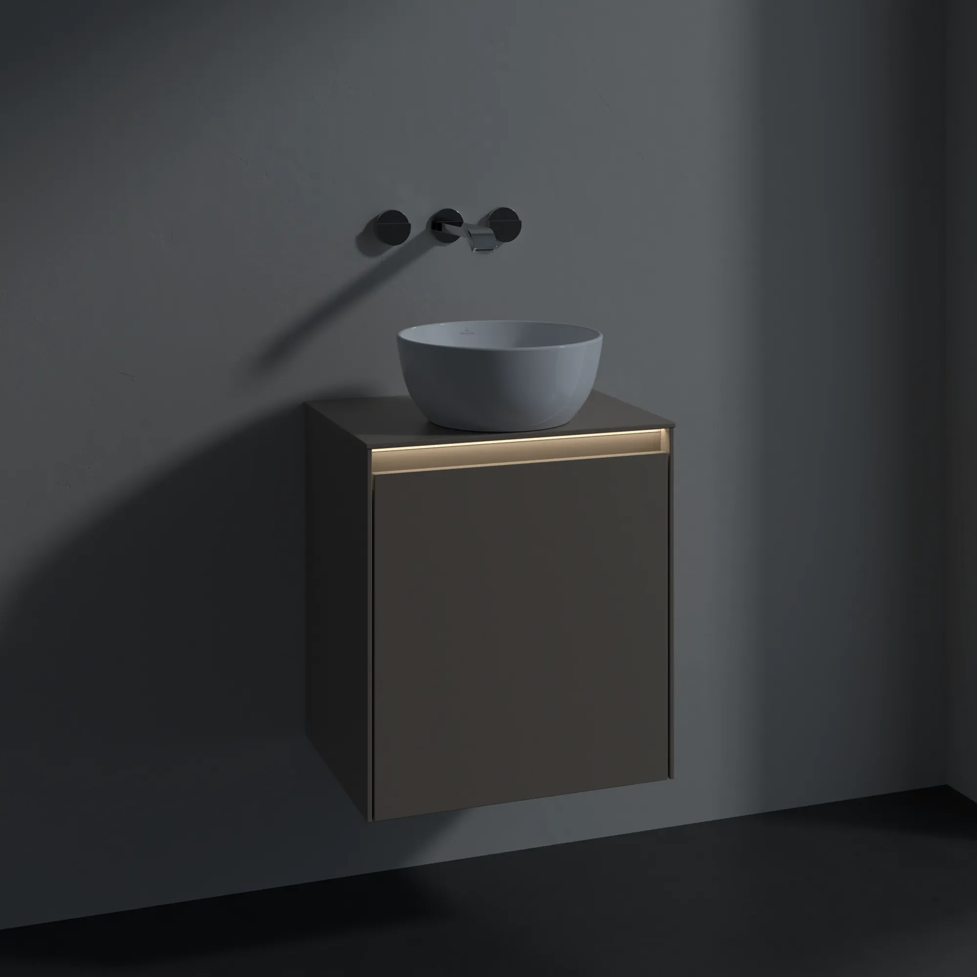 Villeroy & Boch Waschtischunterschrank „Collaro“ 500 × 548 × 380 mm Taupe, für Becken mittig, Anschlag links, mit Beleuchtung Villeroy & Boch Waschtischunterschrank „Collaro“ 500 × 548 × 380 mm Taupe, für Becken mittig, Anschlag links, mit Beleuchtung