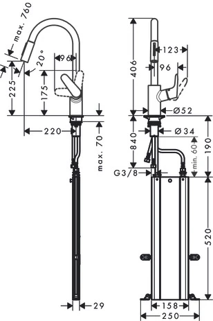 Spültischmischer 240 Focus M41 Ausziehbrause 2jet sBox chrom