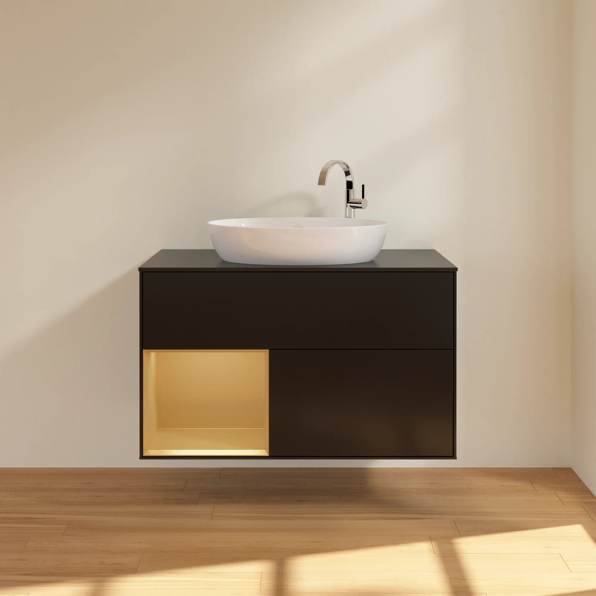 Villeroy & Boch Waschbeckenunterschrank Finion F89, 1000x603x501 mm, Black Matt Lacquer mit Gold Regal, Beleuchtung dimmbar, Push-to-open, SoftClosing Villeroy & Boch Waschbeckenunterschrank Finion F89, 1000x603x501 mm, Black Matt Lacquer mit Gold Regal, Beleuchtung dimmbar, Push-to-open, SoftClosing