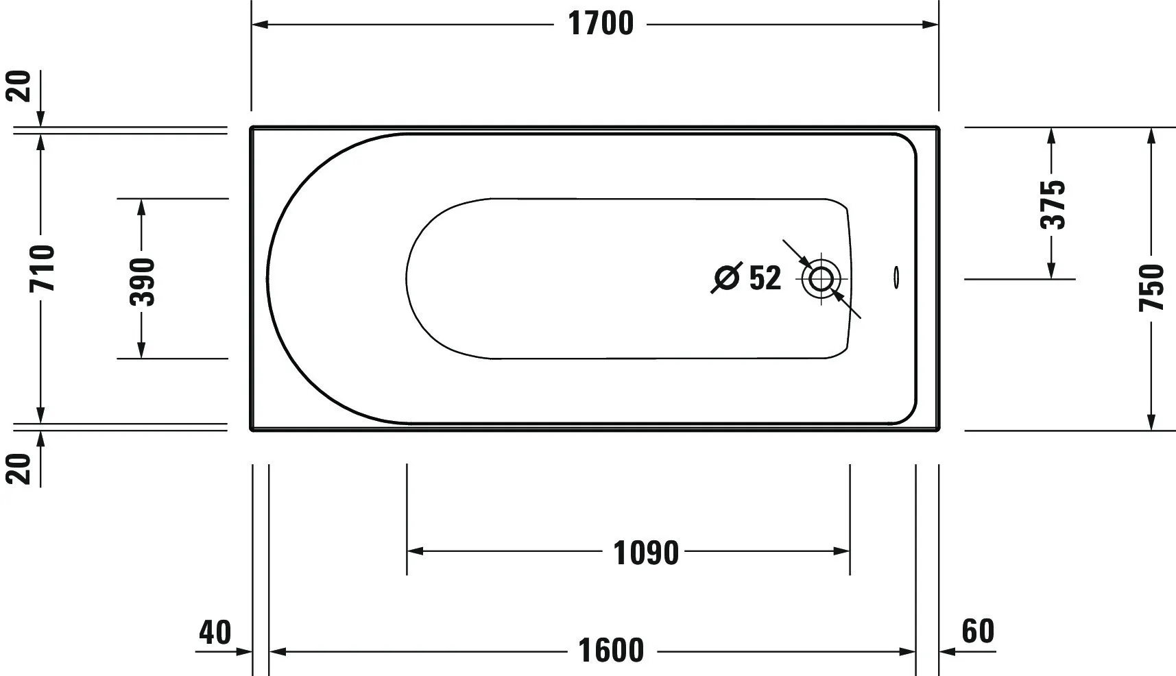 Duravit Badewanne „D-Neo“ rechteck 170 × 75 cm, Fußablauf