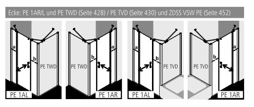 Kermi Duschtür Pendeltür 1-flügelig links mit Festfeldern für Nische und Ecke „PEGA“ Glas SR Opaco, BV: 990 - 1040 mm GAK: 990 - 1015 mm WE: 990 - 1040 mm H: 1850 mm