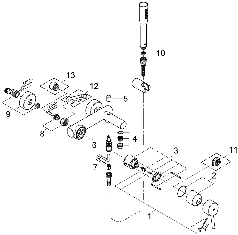 Einhand-Wannenbatterie Concetto 32212_1, Wandmontage, mit Brausegarnitur, eigensicher, chrom