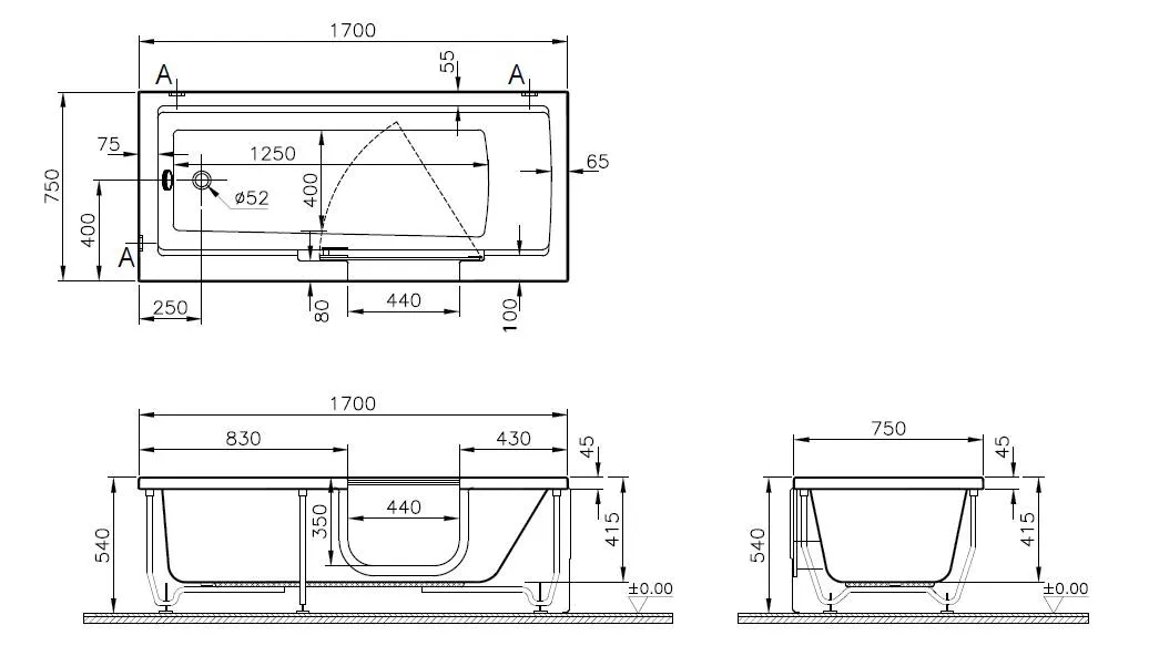 Conforma Badewanne Combo 170 x 75 cm Einstieg rechts Acryl Weiß Hochglanz