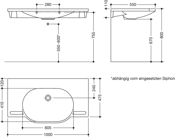 HEWI Waschtisch PG87, alpinweiß, B:1000mm, T:550mm HEWI Waschtisch PG87, alpinweiß, B:1000mm, T:550mm