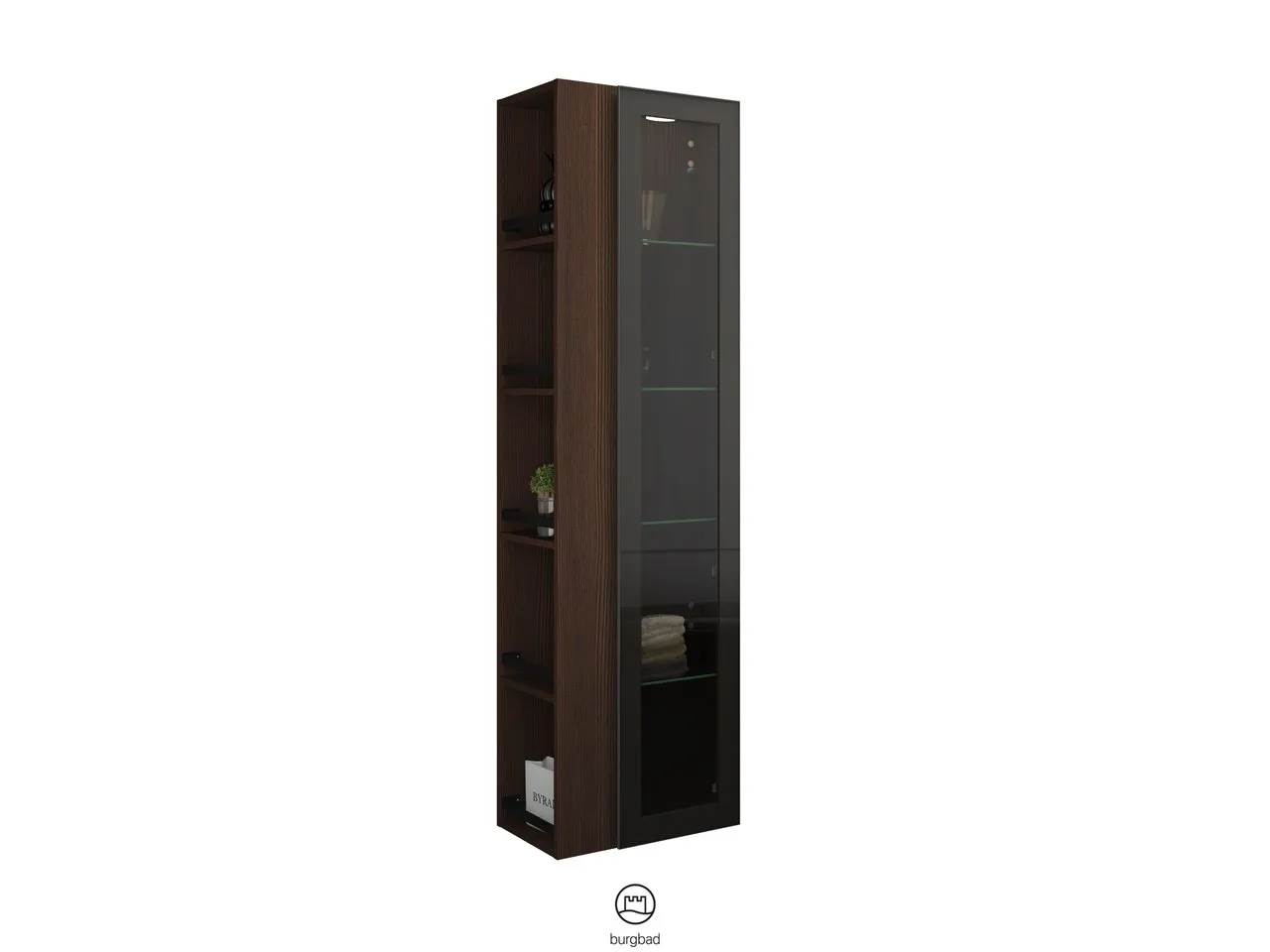 Hochschrank, 1 Alurahmentür mit Rauchglaseinsatz in Bronze;4 Glaseinlegeböden;LED-Innenbeleuchtung, 5 W, 4000 K;Energieeffizienzklasse F;für Raumschaltung;offenes Regal mit 4 Einlegeböden;IP20, Tiefe: 320 mm, Breite: 500 mm, Höhe: 1760 mm