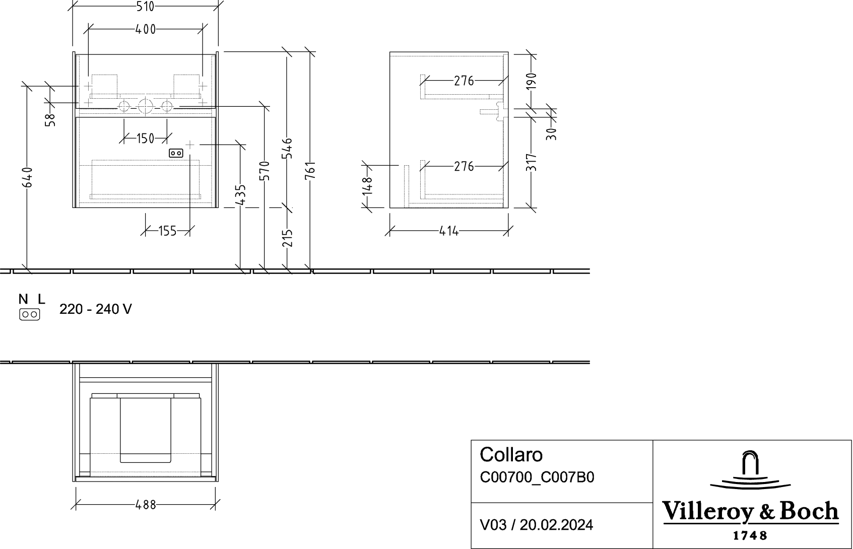 Villeroy & Boch Collaro Waschbeckenunterschrank C00700 510x546x414mm Graphite