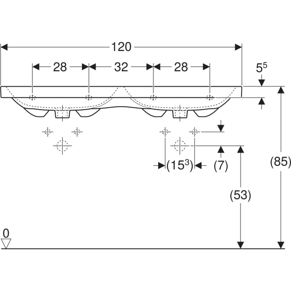 Wandwaschtisch „iCon Light“, links und rechts, rechteckig, Hahnlochposition mittig 120 × 48 cm mit KeraTect®