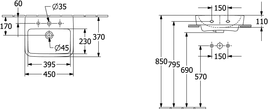 Handwaschbecken O.novo 43444G, 450 x 370 mm, Eckig, Becken mittig, 1HL. mittleres Hahnloch durchgestochen, mit Überlauf, Rückseite und Unterseite geschliffen, Weiß Alpin