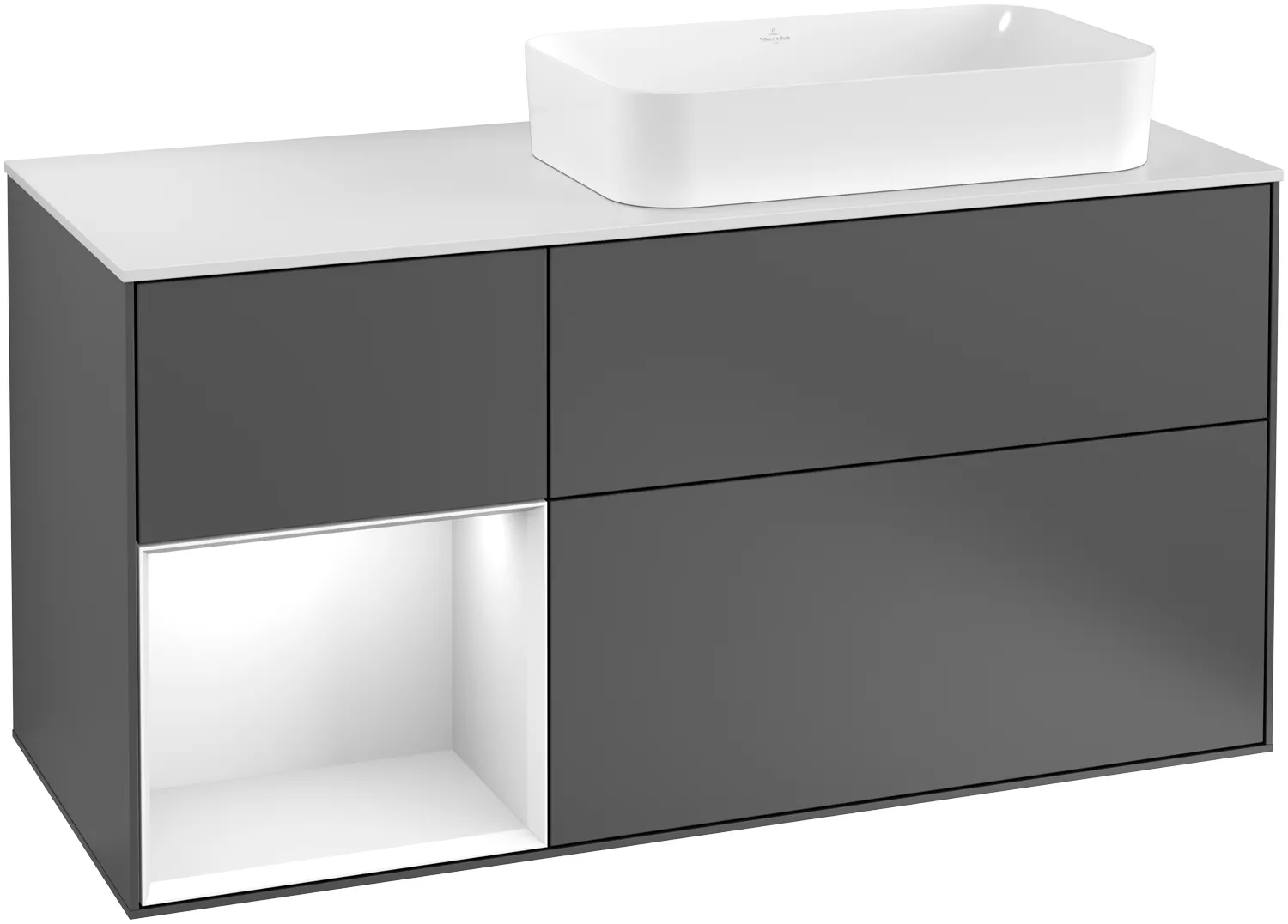 Villeroy & Boch Waschtischunterschrank „Finion“ für Schrankwaschtisch 120 × 60,3 × 50,1 cm 3 Schubladen, für Waschtischposition rechts, inkl. Beleuchtung rechts