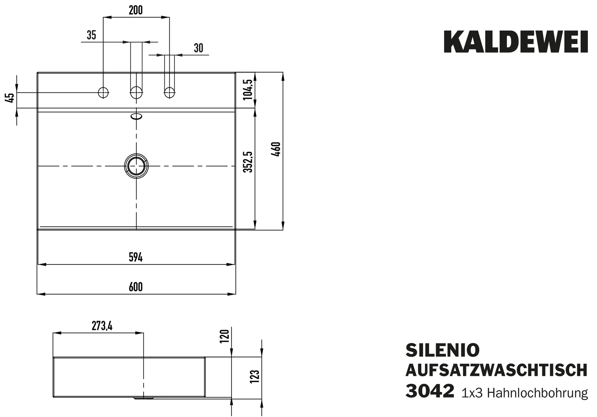 Kaldewei SILENIO Aufsatzwaschtisch, 600x460 mm, Randhöhe 120 mm, warm grey 60, Perl-Effekt, Antidröhn, 3er Hahnlochbohrung, mit Überlauf, Sichtteile chrom