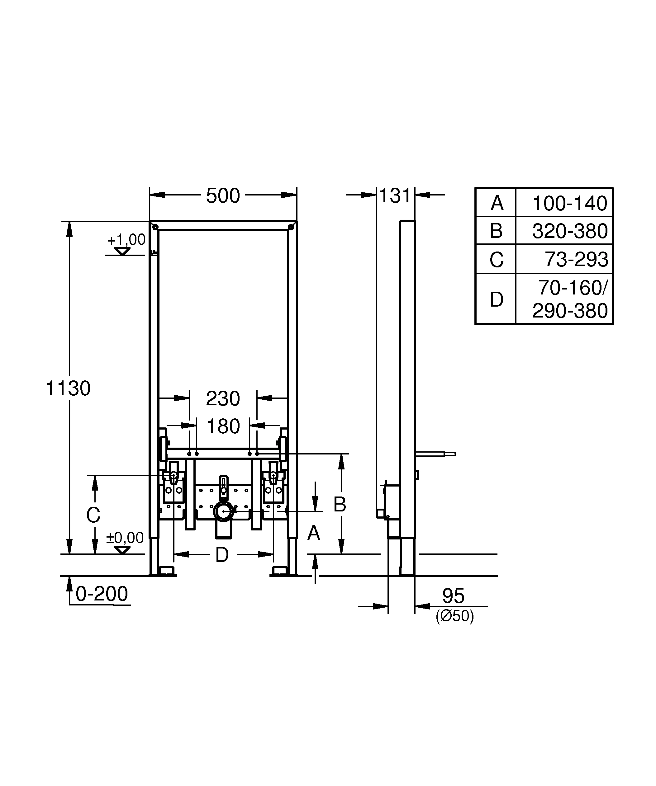 Bidet-Element Rapid SL 38553_1, 1,13 m Bauhöhe, für Vorwand- oder Ständerwandmontage, senkrechte Drucktraversen für Keramiken mit kleiner Auflagefläche < 205 mm, 2 schallgedämmte Armaturenanschlüsse DN 15, HT-Ablaufbogen DN 50