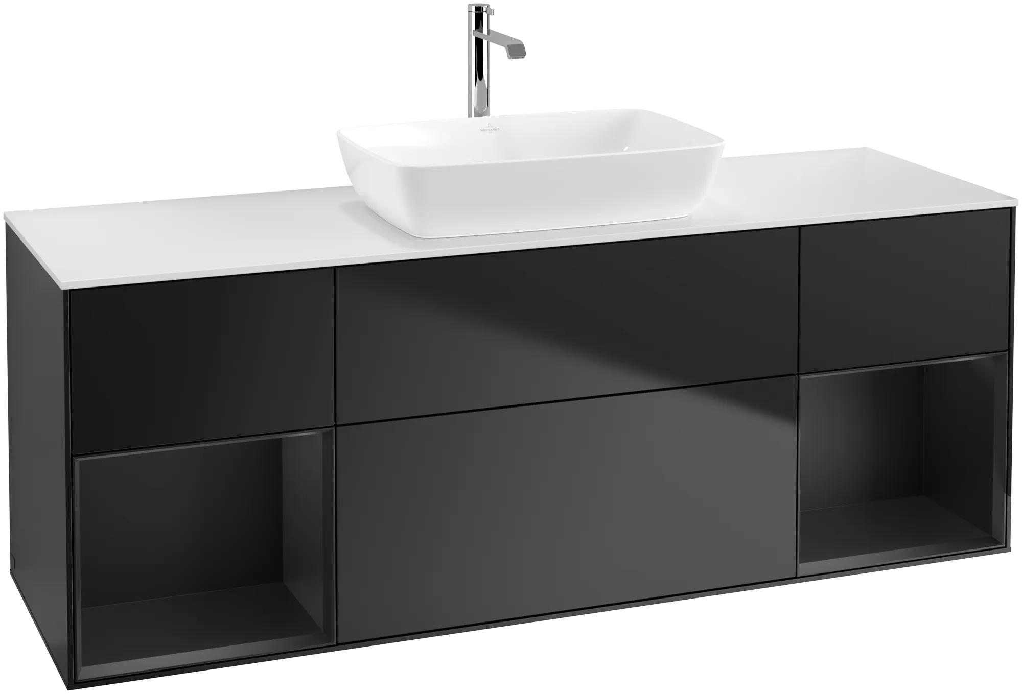 Villeroy & Boch Finion Waschbeckenunterschrank F86, 1600 x 603 x 501 mm, Black Matt Lacquer / Glass White Matt