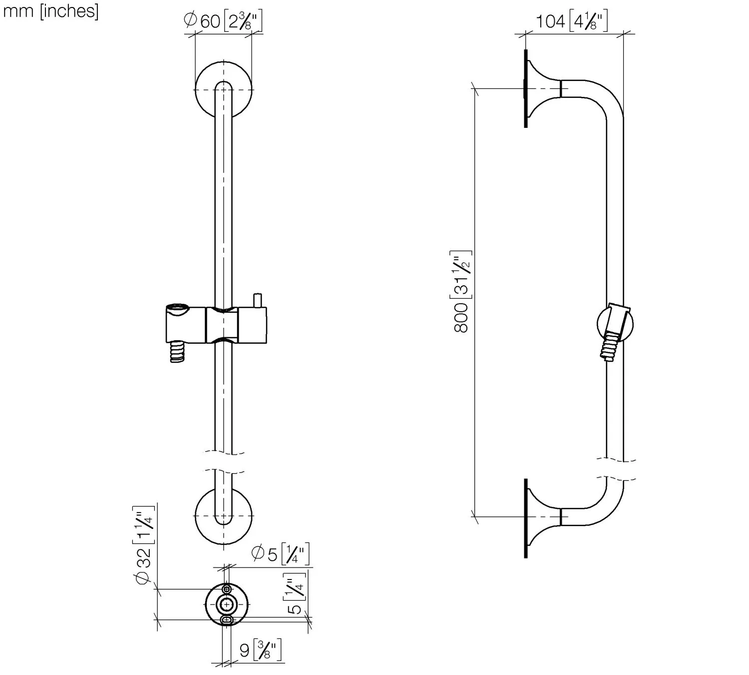 Dornbracht Duschgarnitur VAIA Serie Dark Bronze gebürstet PVD, Stichmaß 800 mm, Rosette Ø 60 mm, Metallbrauseschlauch 1700 mm mit Verdrehschutz