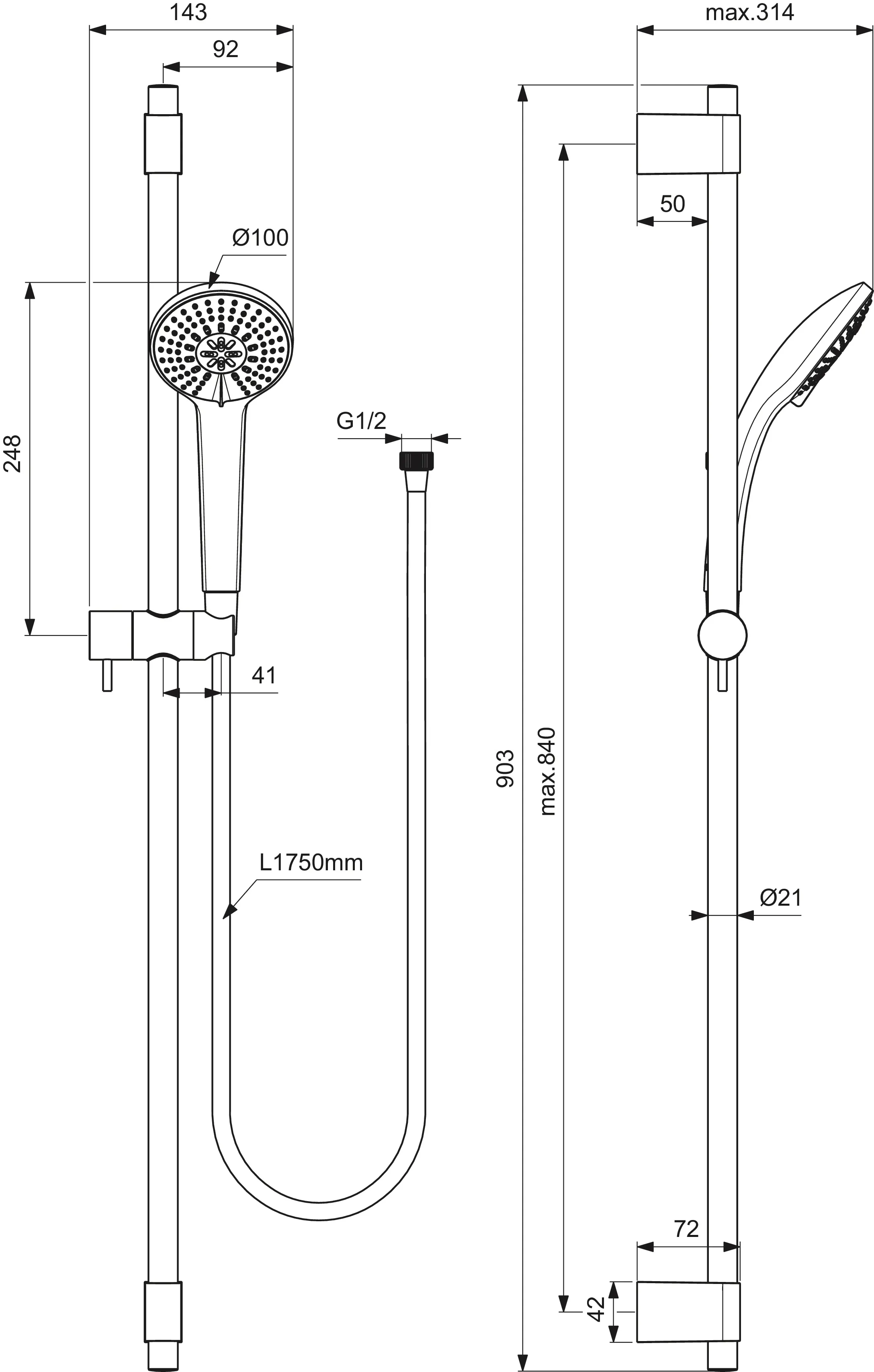 Brausekombination Idealrain Pro 900mm 3-Funktionshandbrause, Durchmesser:100mm Chrom